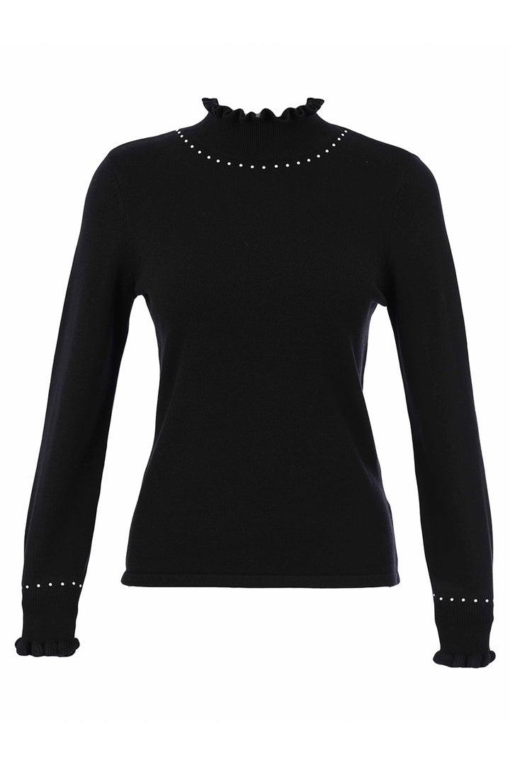 A black long-sleeve knit sweater with a ruffled mock neck and small silver stud embellishments around the neckline and cuffs, shown on a plain white background.