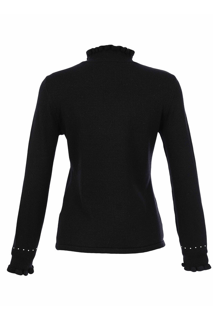 A black long-sleeve knit sweater with a ruffled mock neck and ruffled cuffs, shown from the back on a white background.