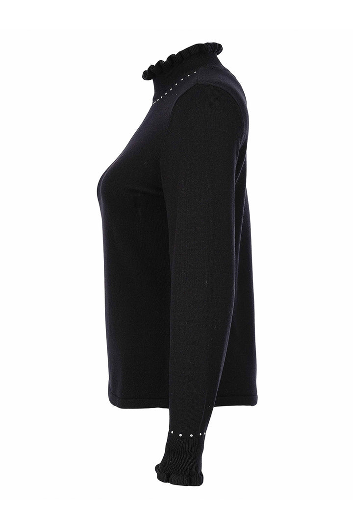 A black long-sleeve knit sweater with a ruffled mock neck and small silver stud embellishments along the shoulders and cuffs, shown in a side profile on a white background.