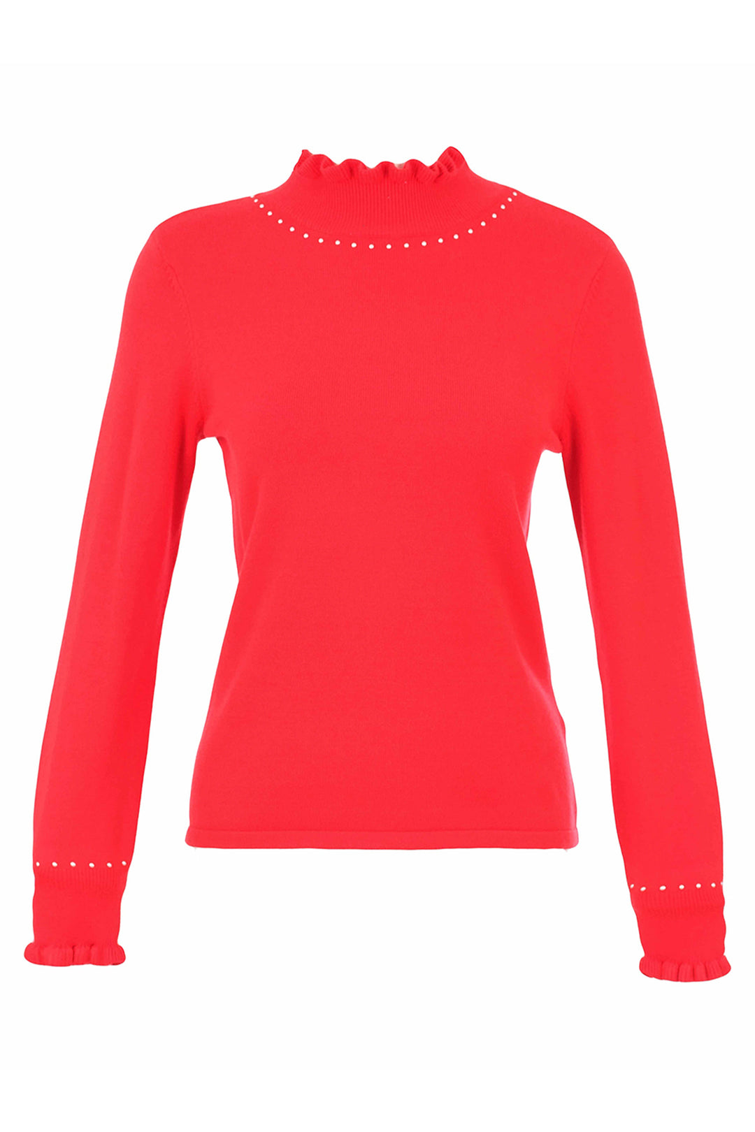 A bright red long-sleeve knit top with a ruffled mock neck and matching ruffled cuffs, accented with small white dot details around the neckline and cuffs, shown on a plain white background.