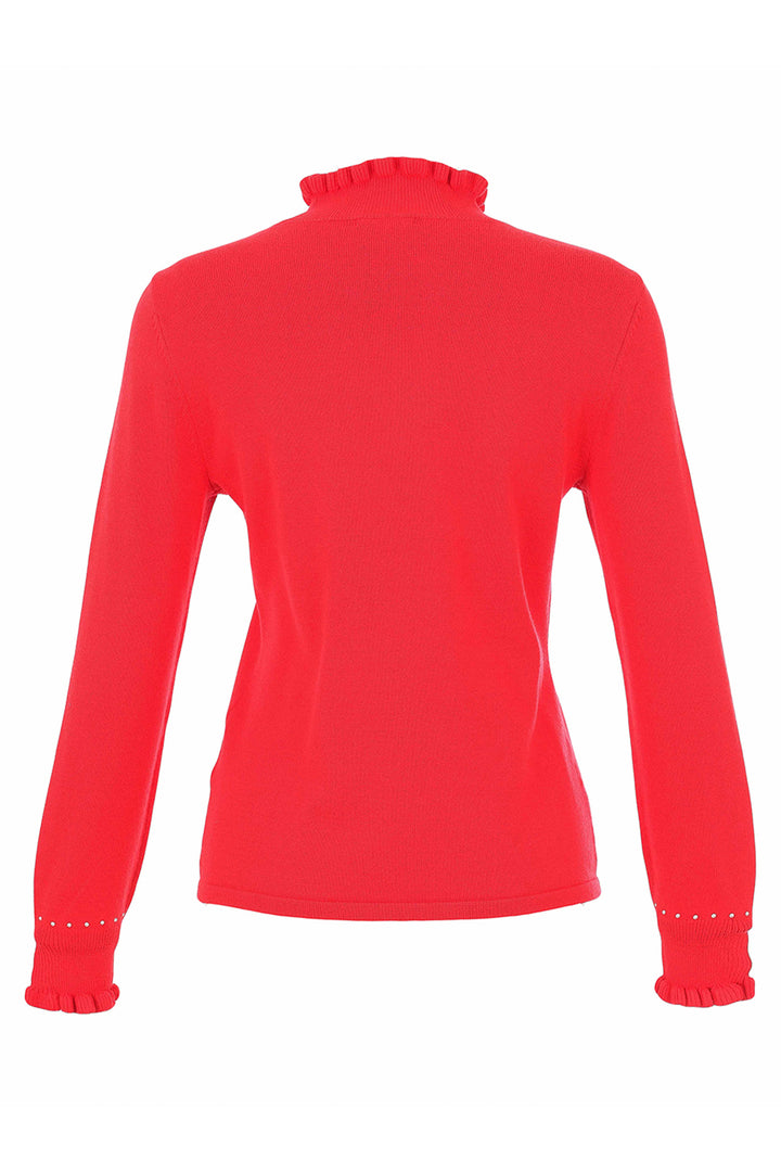 A bright red long-sleeve top with a ruffled mock neck and matching ruffled cuffs, shown from the back on a white background.