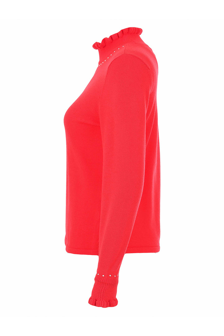 A bright red long-sleeve knit top shown in side profile, featuring a ruffled mock neck and matching ruffle trim at the cuffs, photographed on a plain white background.