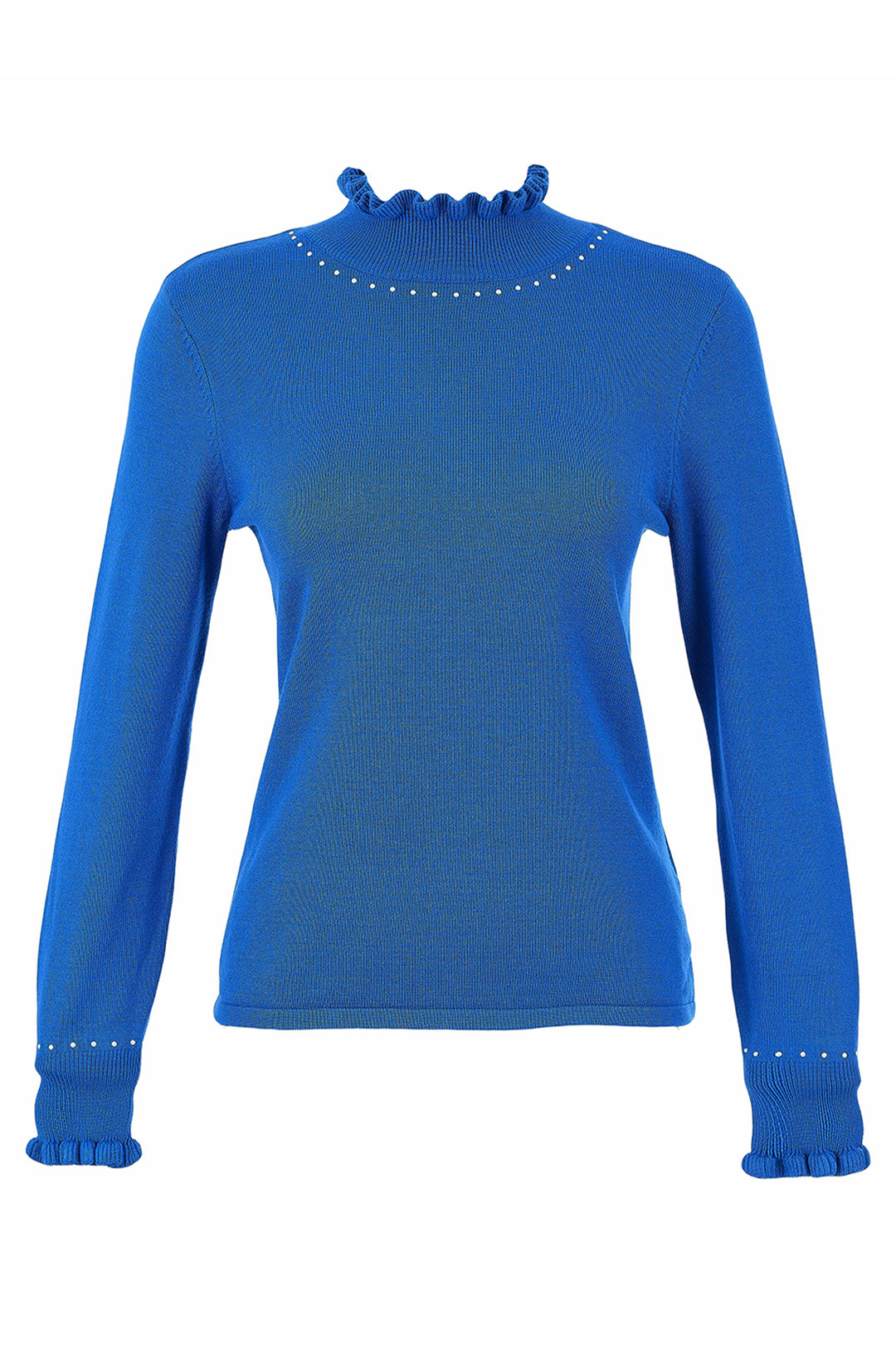 A bright blue long-sleeve knit sweater with a ruffled mock neck, ruffled cuffs, and small white stud embellishments, shown against a plain white background.