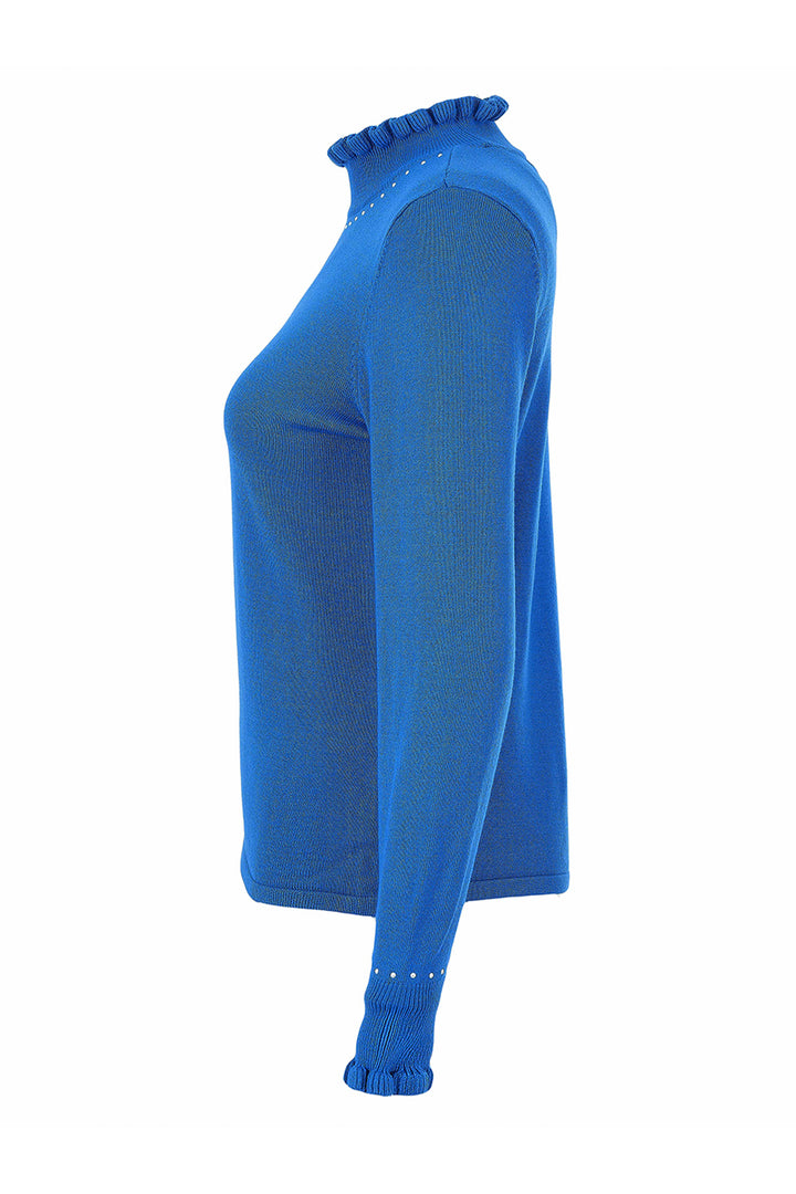 A bright blue long-sleeve knit sweater with a ruffled mock neck, sleeve cuffs, and hem, shown in a side profile view on a white background.