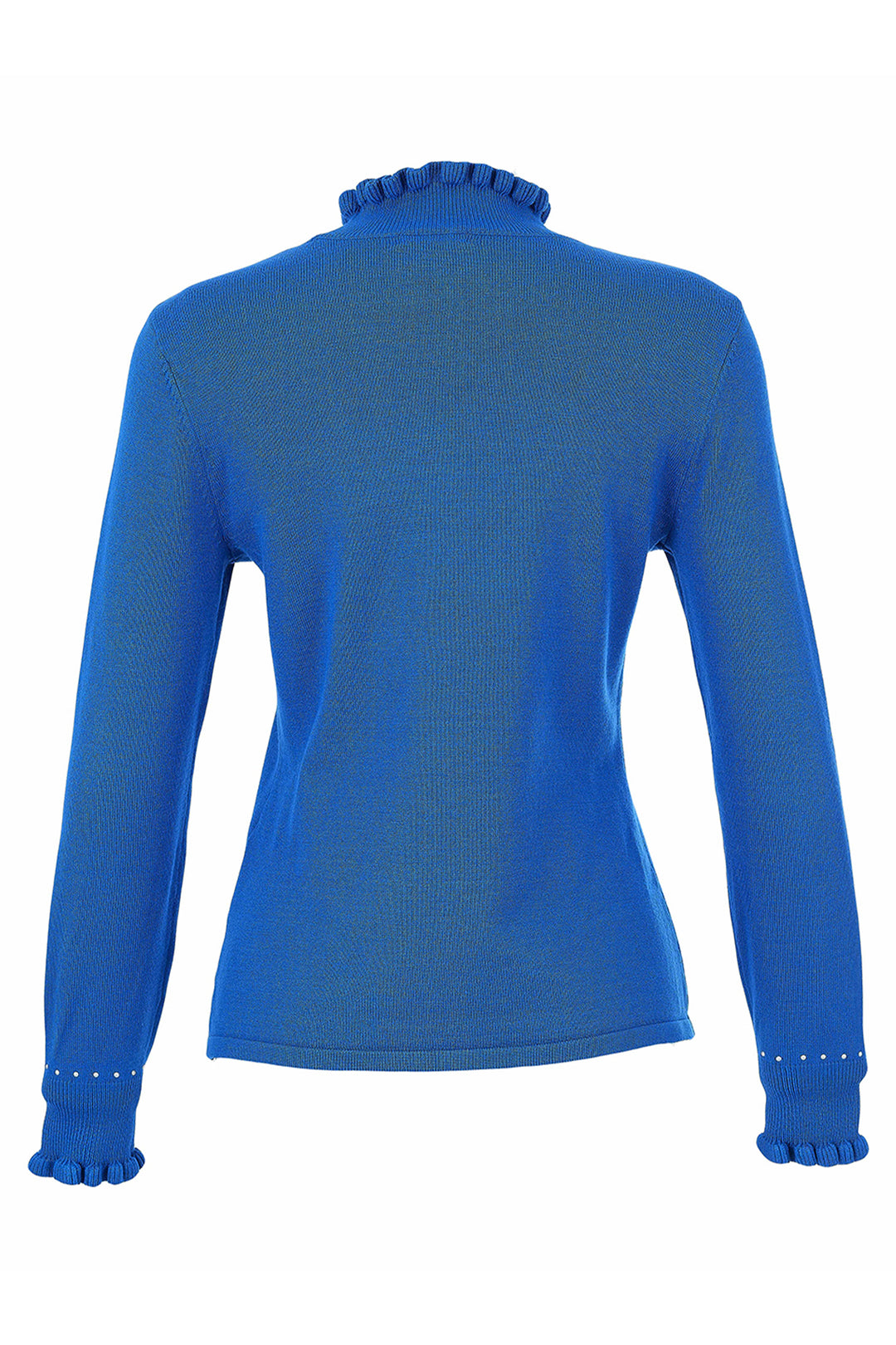 A bright blue long-sleeve knit sweater with a ruffled mock neck, ruffled cuffs, and small white stud embellishments, shown against a plain white background.