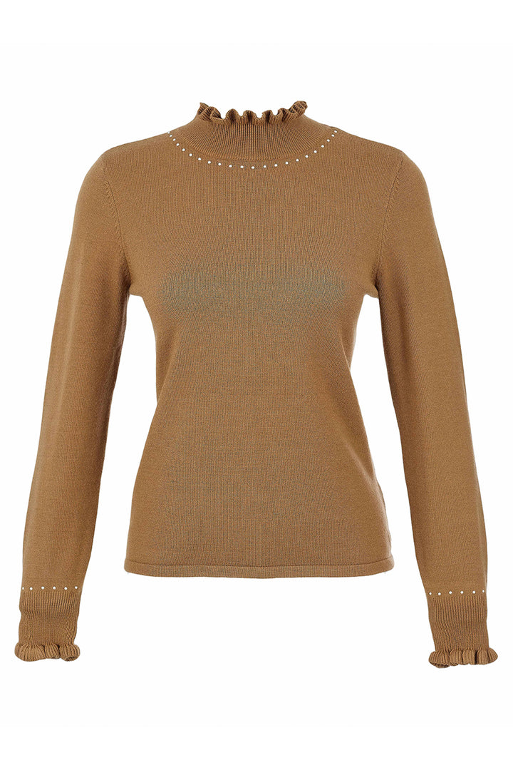 A camel brown knit sweater with long sleeves, a ruffled mock neck, and matching ruffles at the cuffs, accented with small metallic studs.