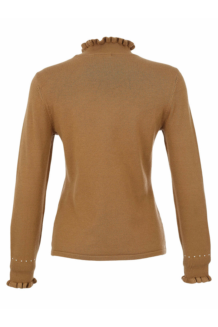 A camel brown knit sweater with long sleeves, a ruffled mock neck, and matching ruffles at the cuffs, shown from the back on a white background.