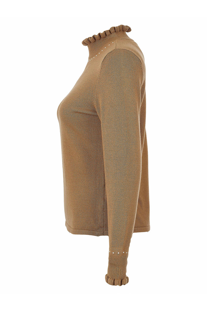 A tan ribbed knit sweater with a ruffled mock neck and matching ruffled cuffs, shown from a side profile view on a white background.