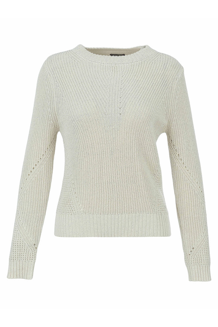 A cream-colored long-sleeve knit sweater with a textured cable pattern and subtle knit details on the sleeves, shown against a plain white background.