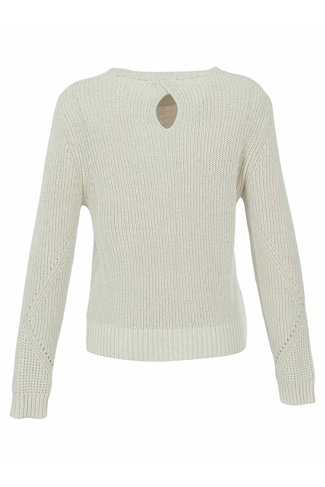 An off-white ribbed knit sweater with a keyhole cutout at the back, shown on a plain white background.