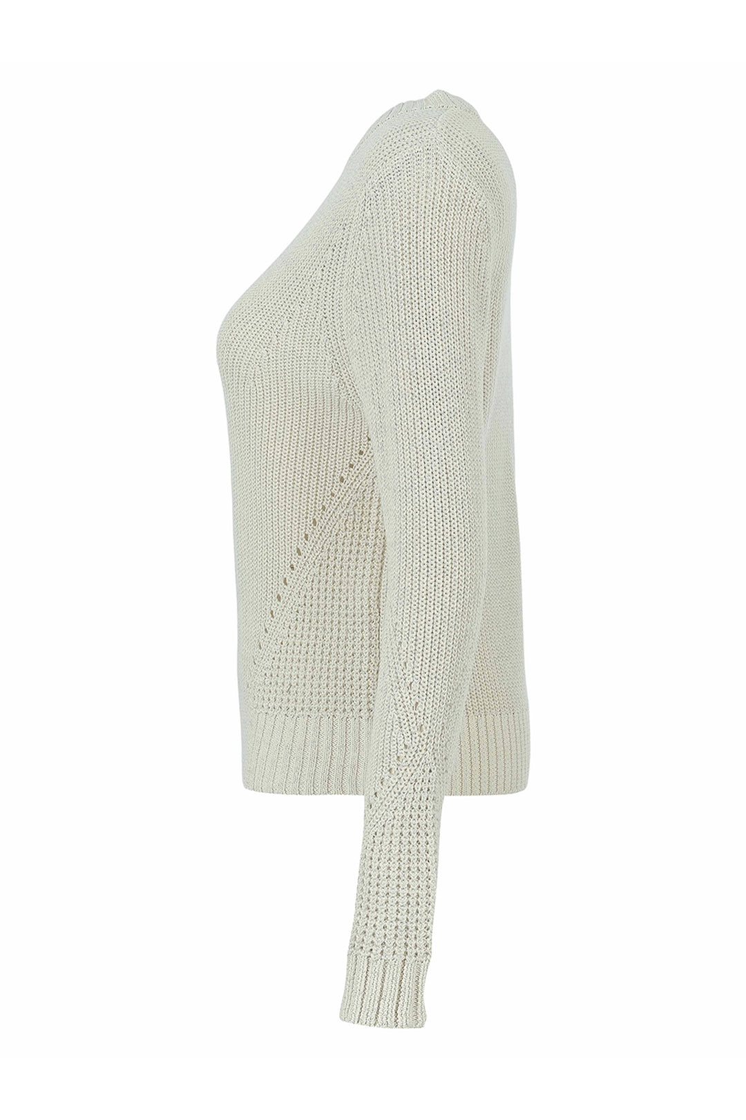 An off-white knit sweater shown from a side profile view against a plain white background.