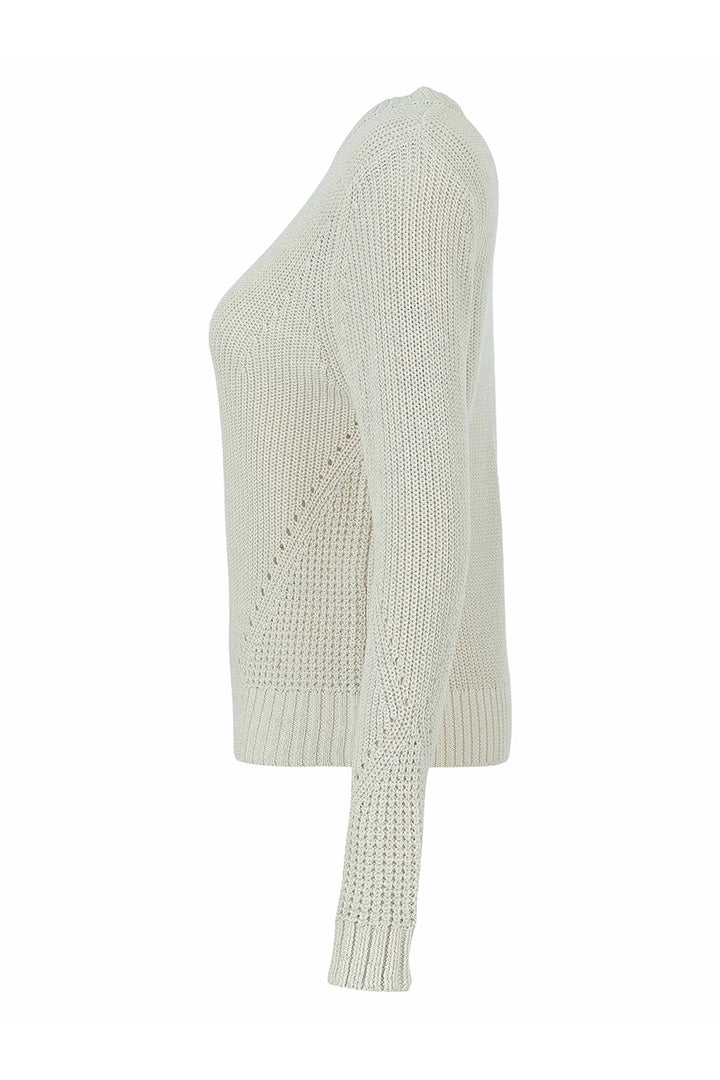 An off-white knit sweater shown from a side profile view against a plain white background.