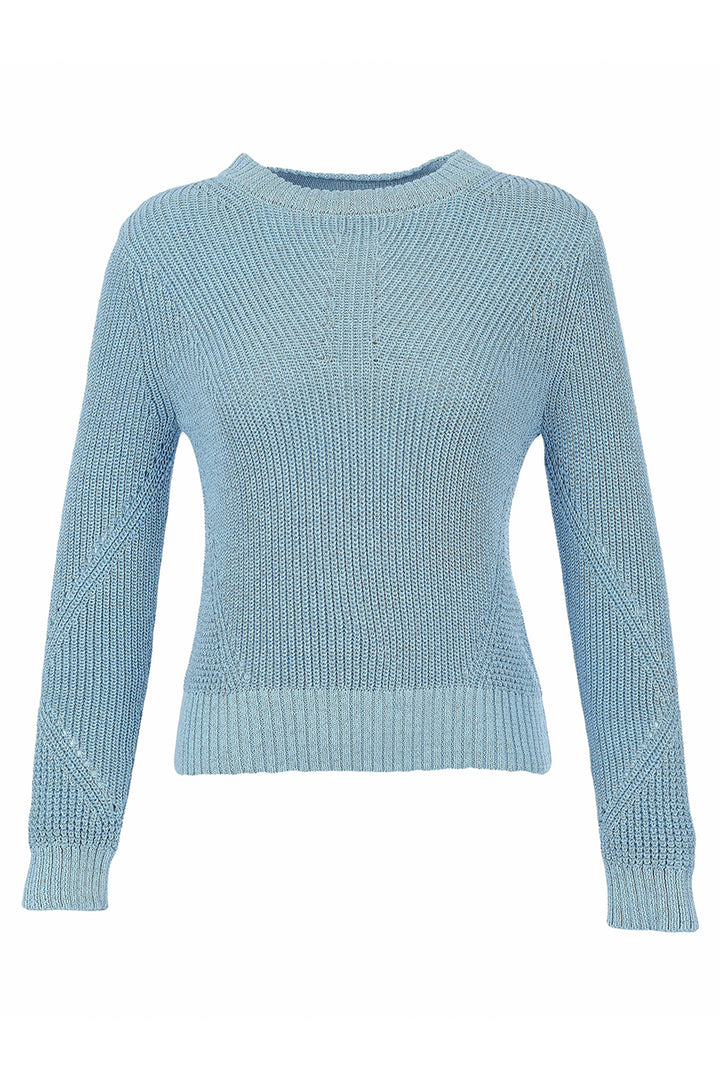 A light blue ribbed knit sweater with long sleeves and a crew neck, displayed on a clean white background.