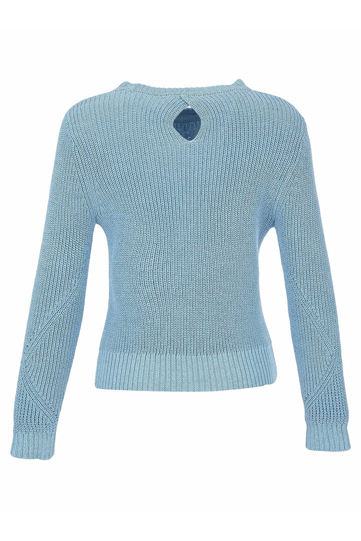 A light blue ribbed knit sweater with a small diamond-shaped cutout at the back of the neck, displayed on a clean white background.
