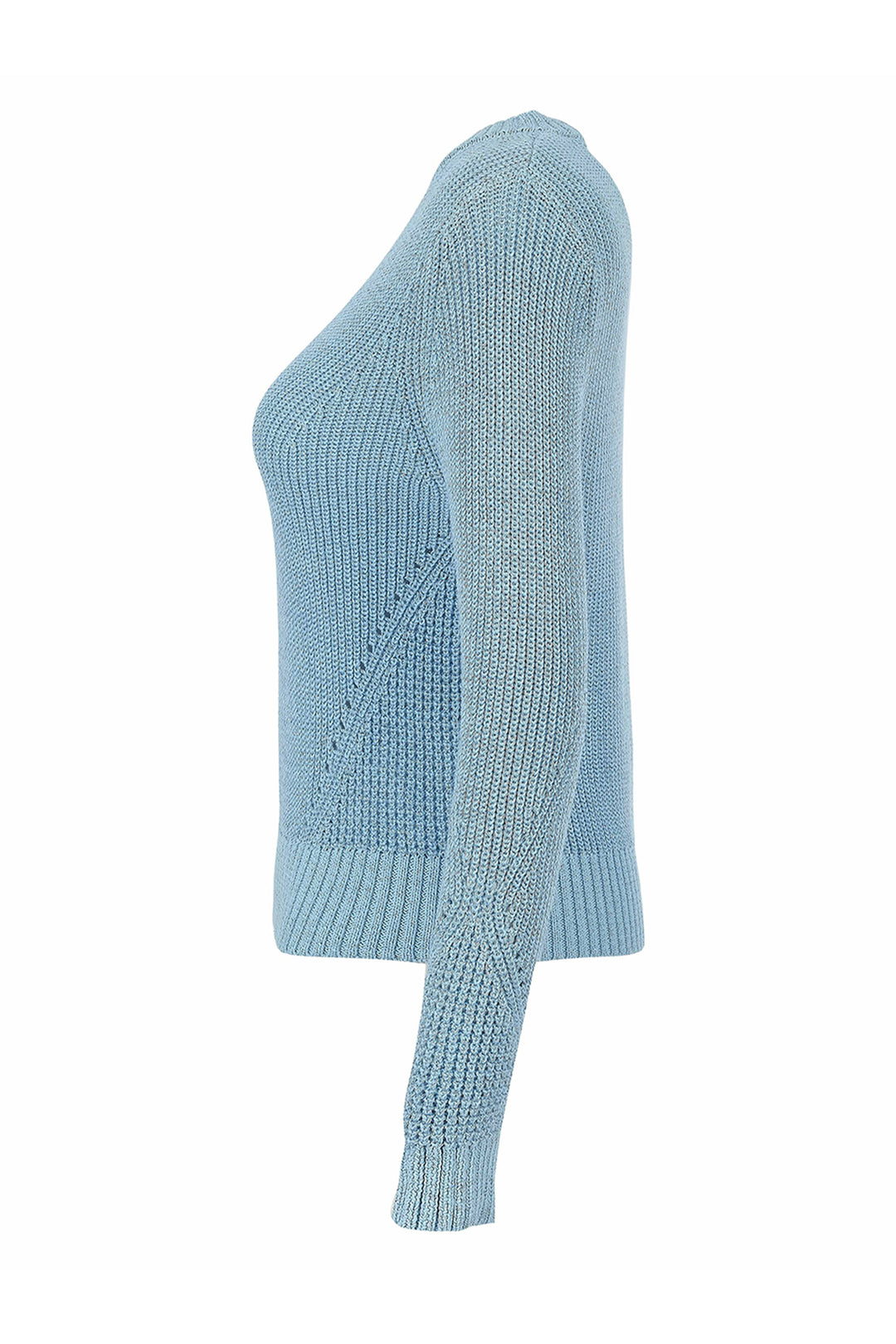 A light blue ribbed knit sweater shown from the side profile against a plain white background.