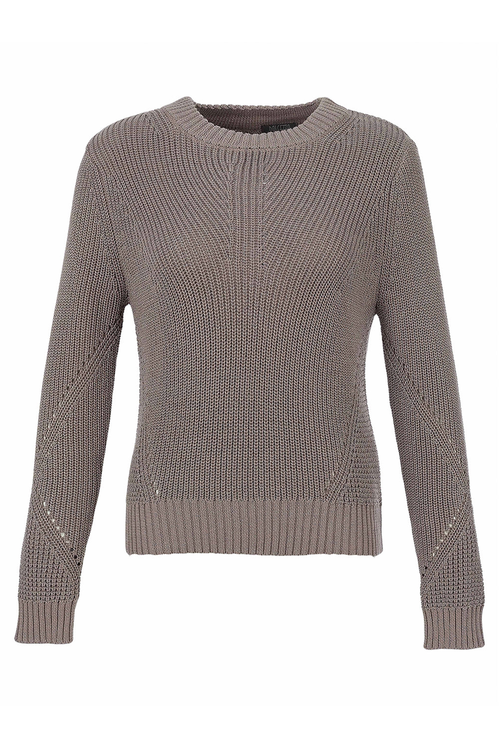 A taupe brown ribbed knit sweater with long sleeves and textured knit patterns, shown against a plain white background.