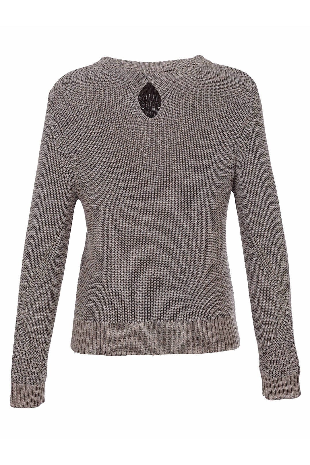 A taupe knit sweater with a keyhole cutout at the back, shown against a plain white background.