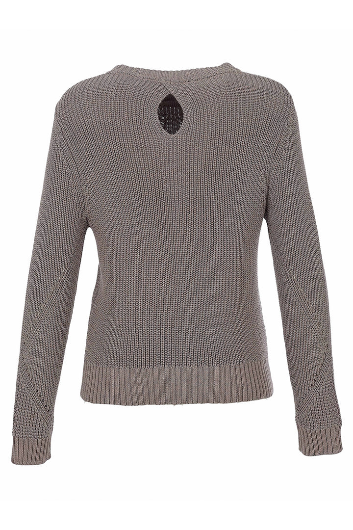 A taupe knit sweater with a keyhole cutout at the back, shown against a plain white background.