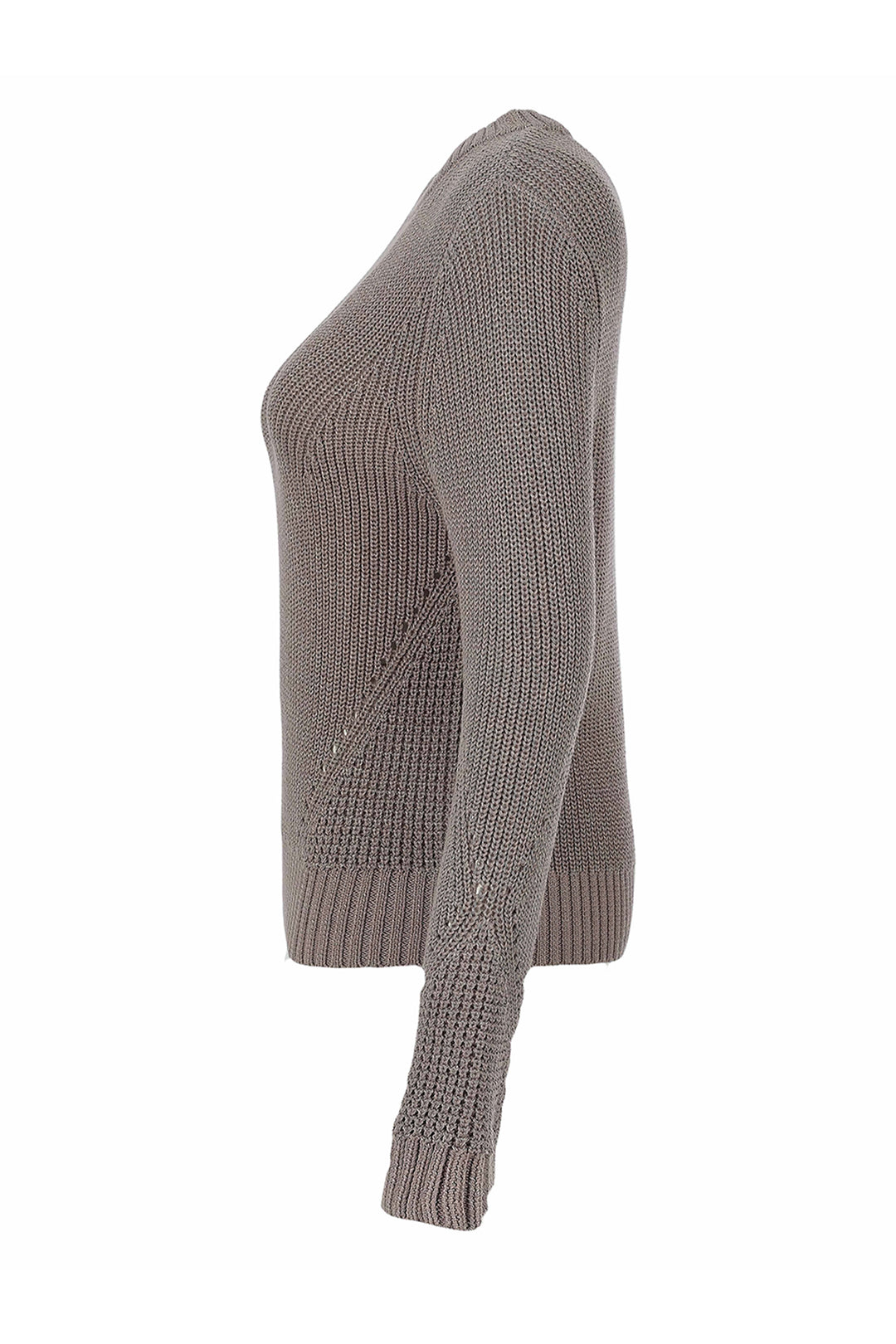 A taupe gray ribbed knit sweater shown from a side profile view against a plain white background.