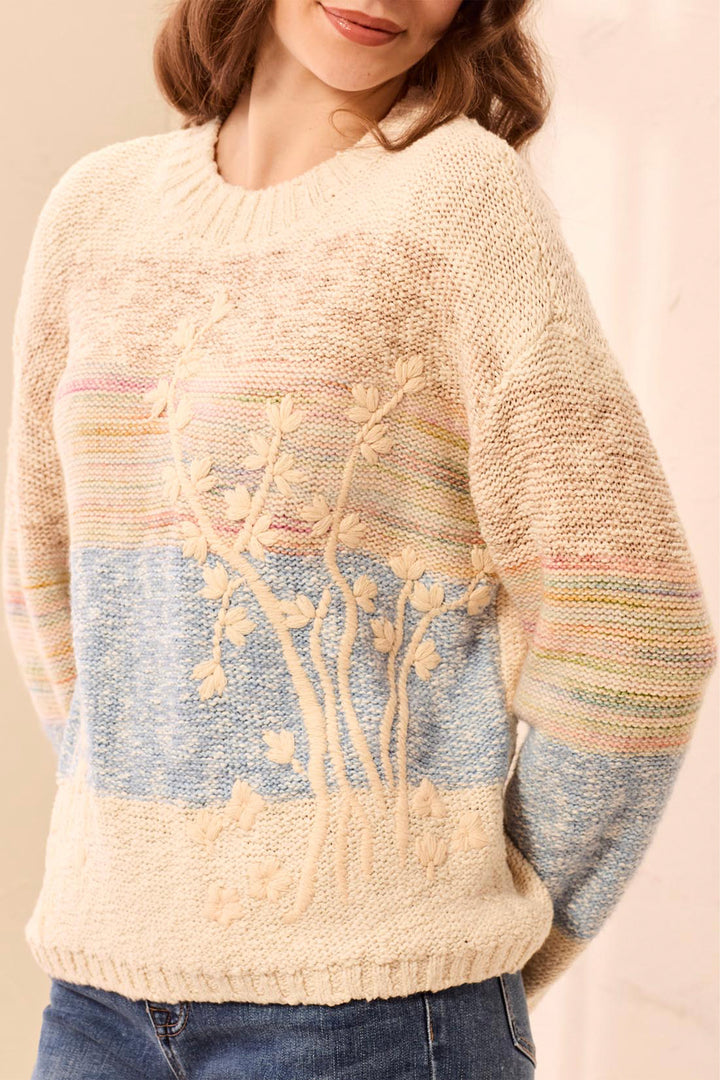 Person wearing a cream sweater with colorful stripes and floral patterns on a plain background