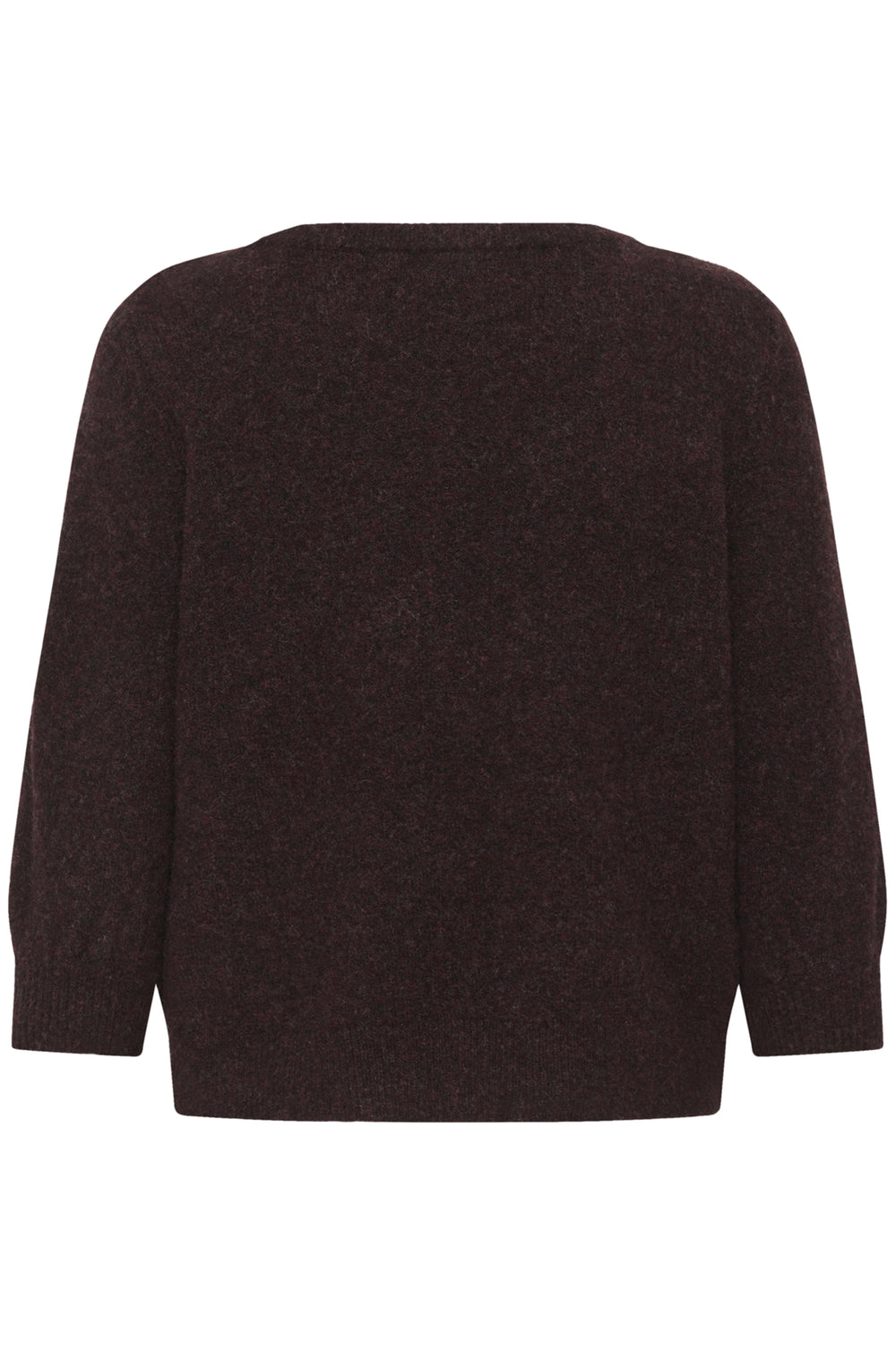 A brown women's three-quarter sleeve sweater shown from the back.