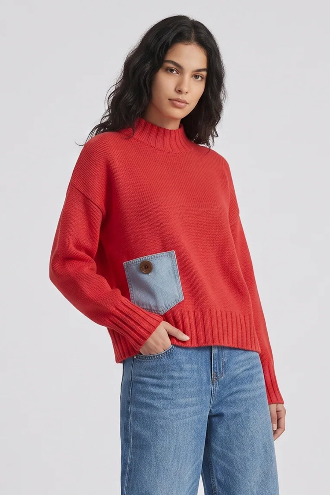 A women modelling a red pullover sweater with denim pocket shown in front of a light grey background. 