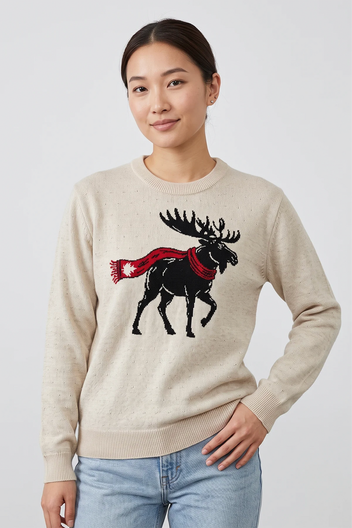A woman wearing a beige long sleeve sweater with a black moose graphic on the front. The moose is wearing a red maple leaf scarf. 
