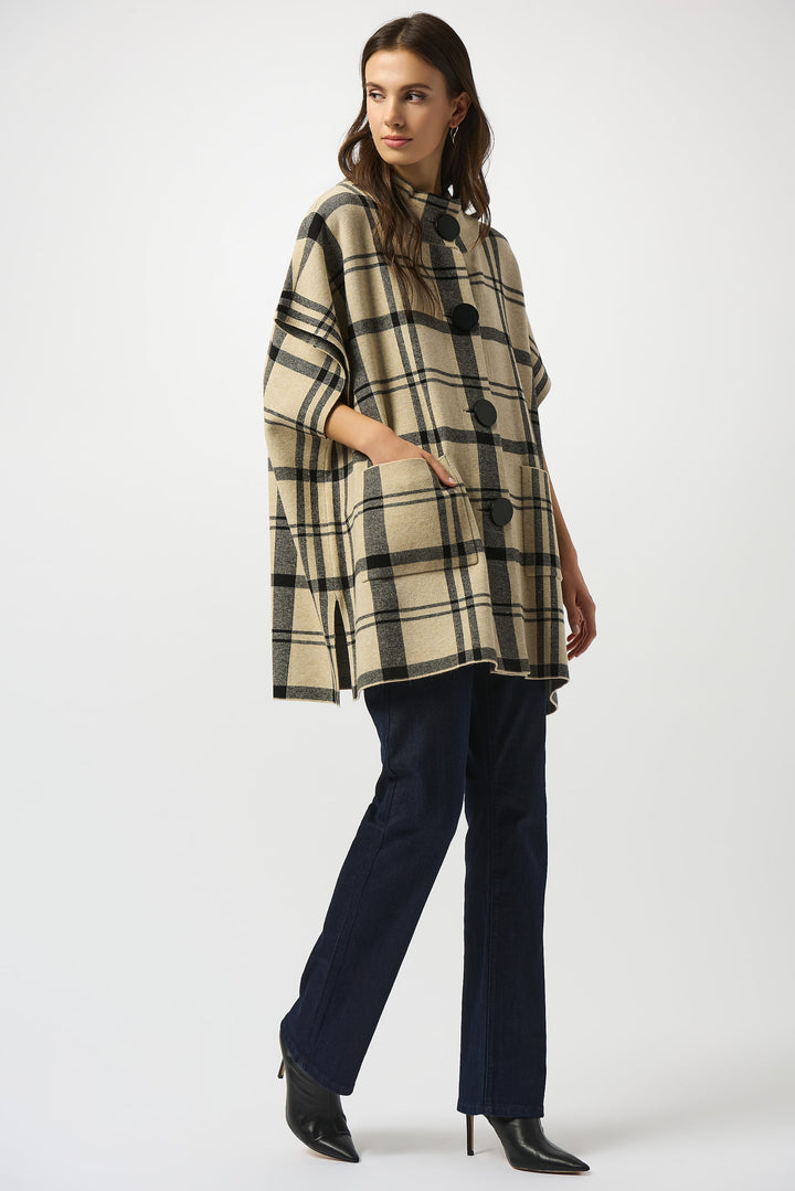 CHAMPAGNE BLACK PLAID KNIT PONCHO JACKET