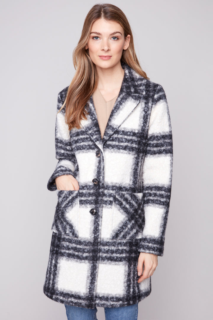 Charlie B Fall 2025 
Crafted from soft, bouclé knit fabric, this straight cut coat features a plaid pattern, a button front and patch pockets for a classic, winter-ready look.