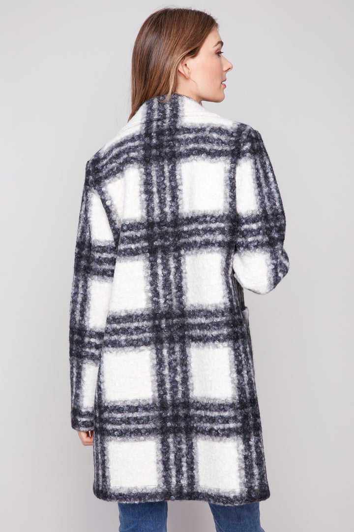 BLACK AND WHITE PLAID BOUCLE COAT