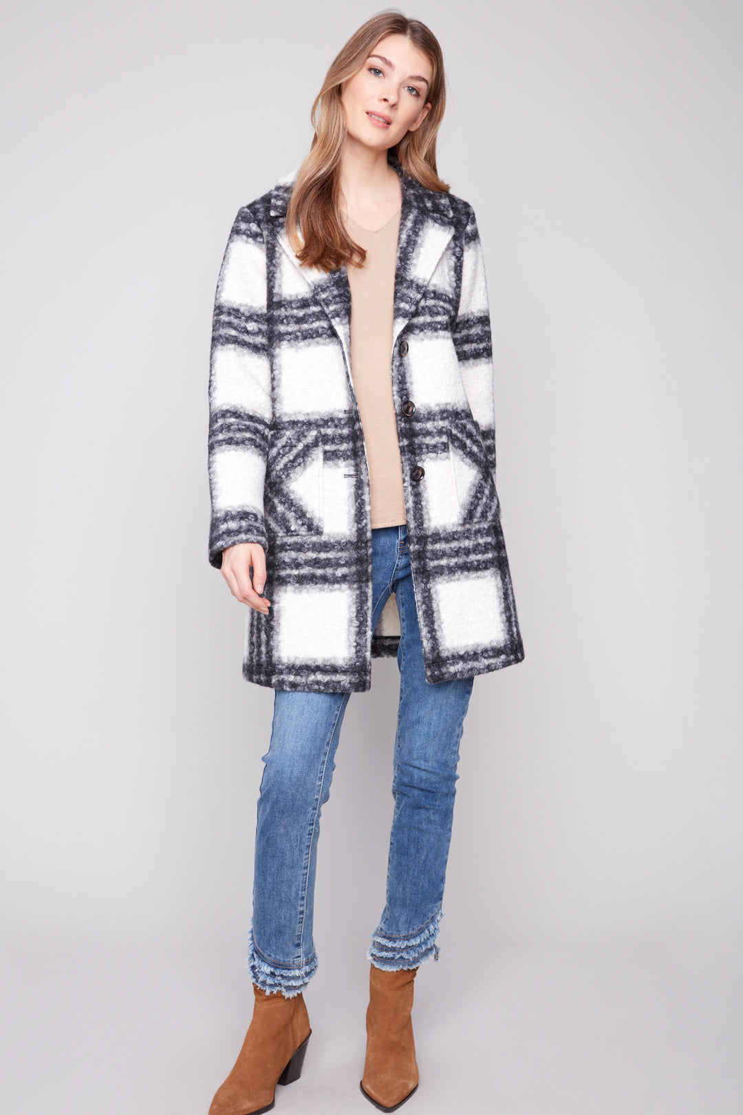 BLACK AND WHITE PLAID BOUCLE COAT