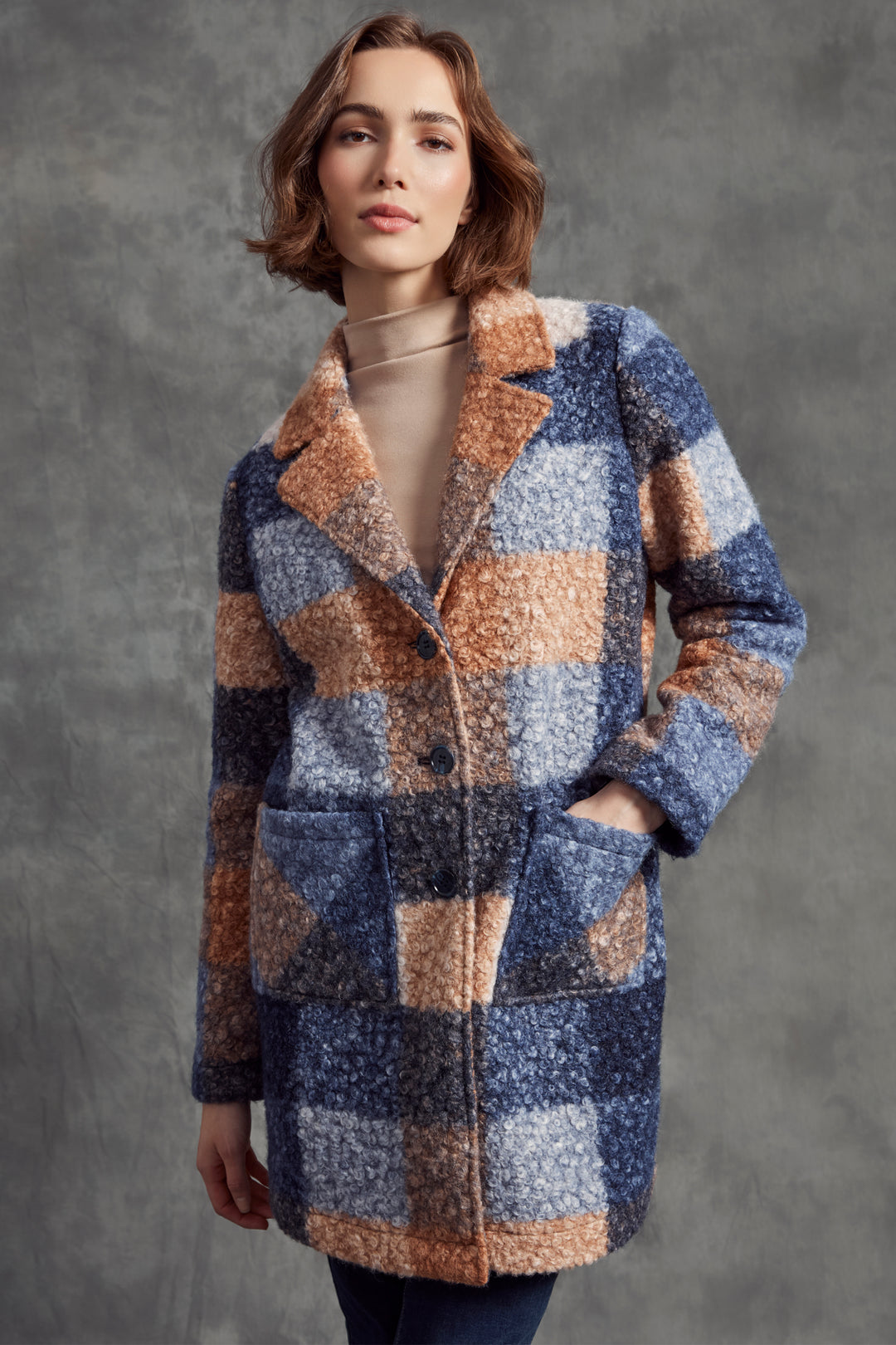 Charlie B Fall 2025 
Stay warm and look stylish this season with this gorgeous Plaid Boucle Coat. Crafted from soft, bouclé knit fabric, this straight cut coat features a plaid pattern, a button front and patch pockets for a classic, winter-ready look.