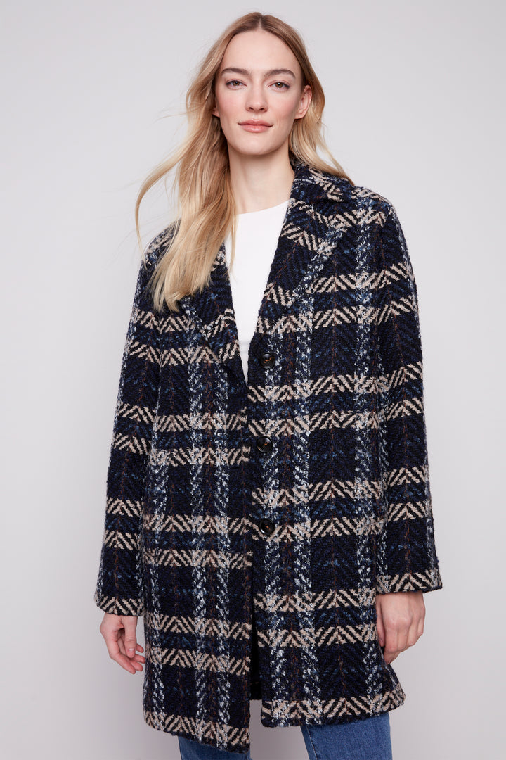 Charlie B Fall 2025 
Crafted from soft, bouclé knit fabric, this straight cut coat features a plaid pattern, a button front and patch pockets for a classic, winter-ready look.