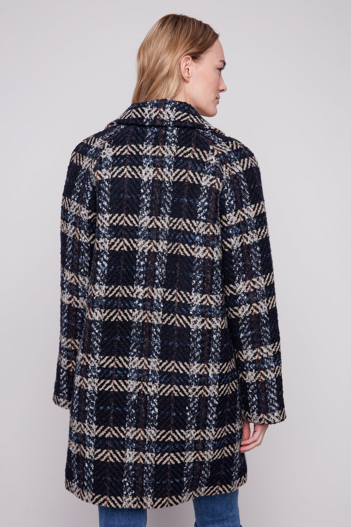 NAVY PLAID BOUCLE COAT