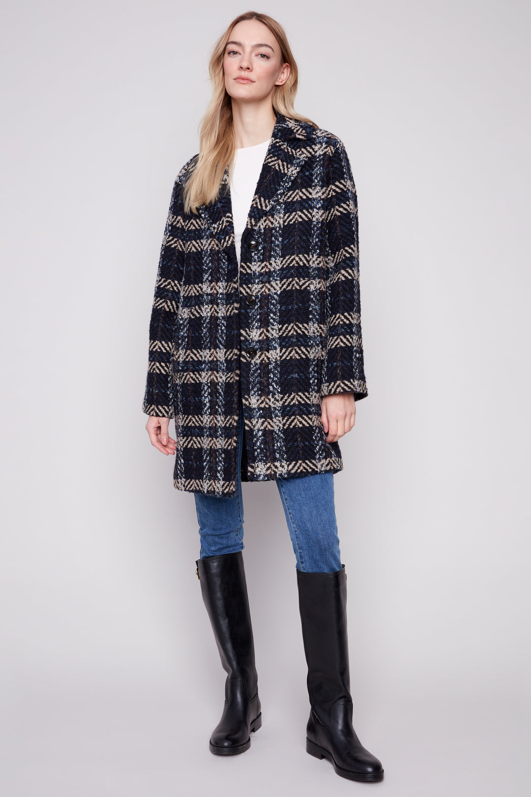 NAVY PLAID BOUCLE COAT