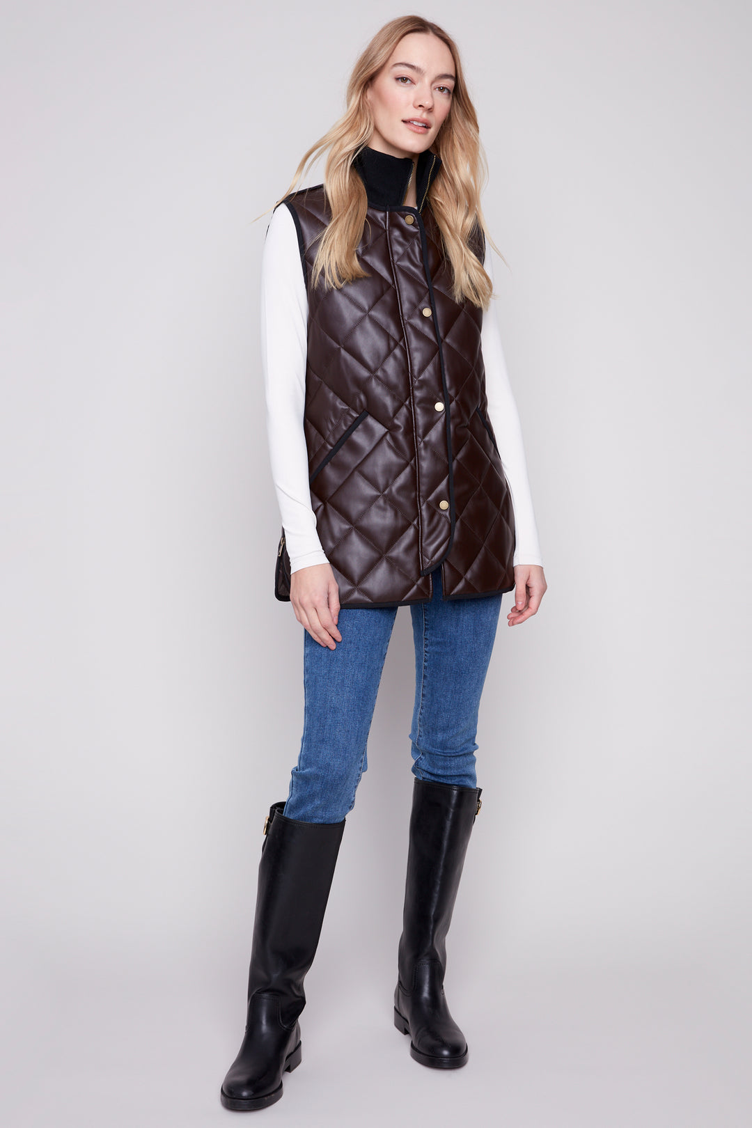 MOCHA QUILTED FAUX LEATHER VEST