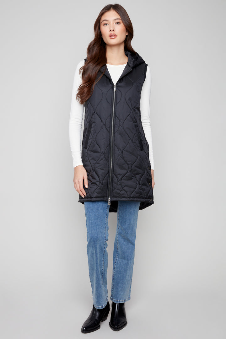 LONG QUILTED HOODIE VEST