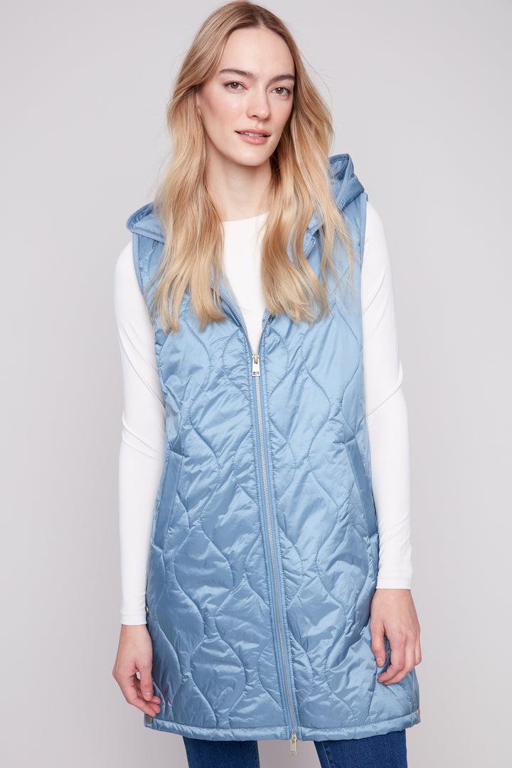 LONG QUILTED HOODIE VEST