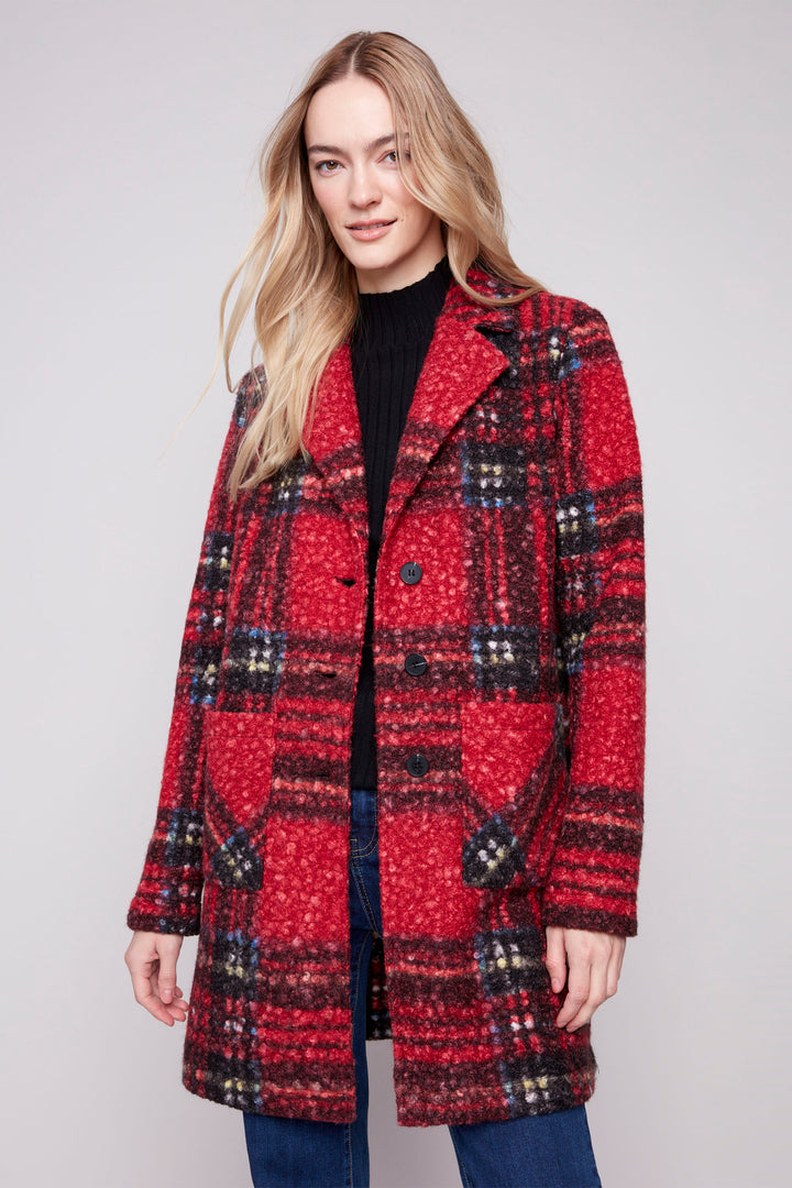 Charlie B Fall 2025 
Stay warm and look stylish this season with this gorgeous Plaid Boucle Coat. Crafted from soft, bouclé knit fabric, this straight cut coat features a plaid pattern, a button front and patch pockets for a classic, winter-ready look in red!