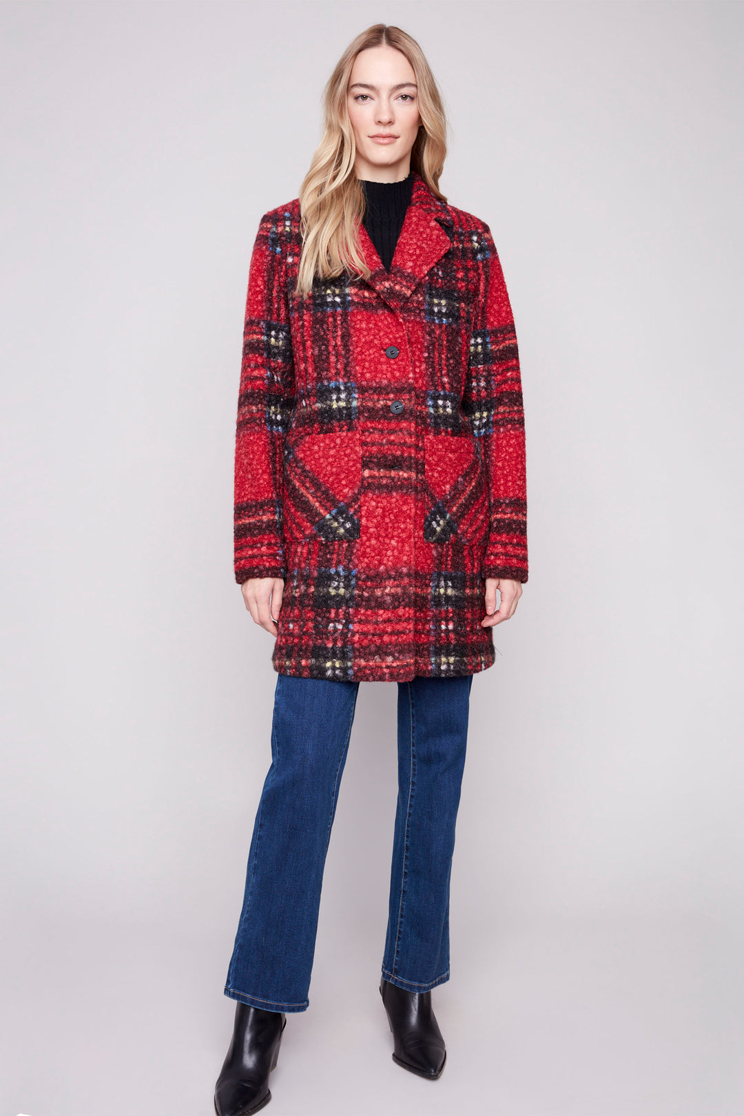 CRANBERRY PLAID BOUCLE COAT