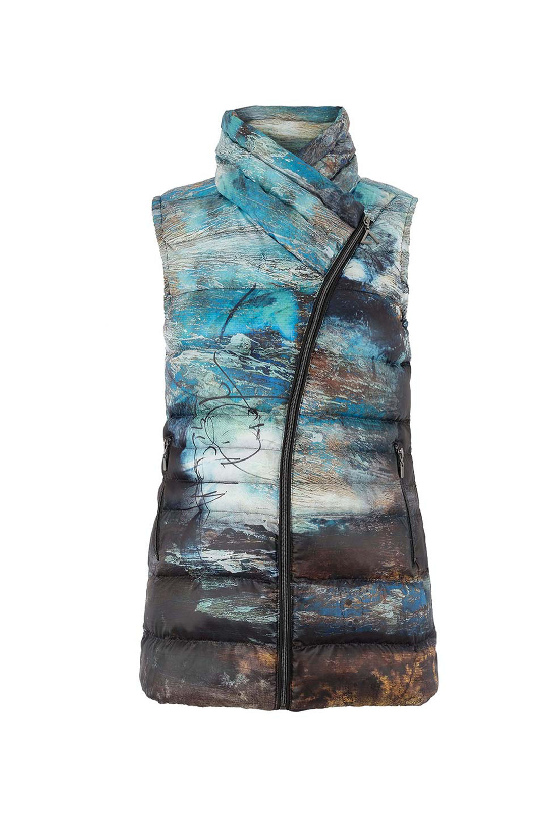 Dolcezza Fall 2025 
This lightly padded vest features a neat abstract watercolour painting and an internal zip pocket for convenient storage. Dare to explore with two front pockets and a stand-up collar neck that will keep you looking chic and confident.