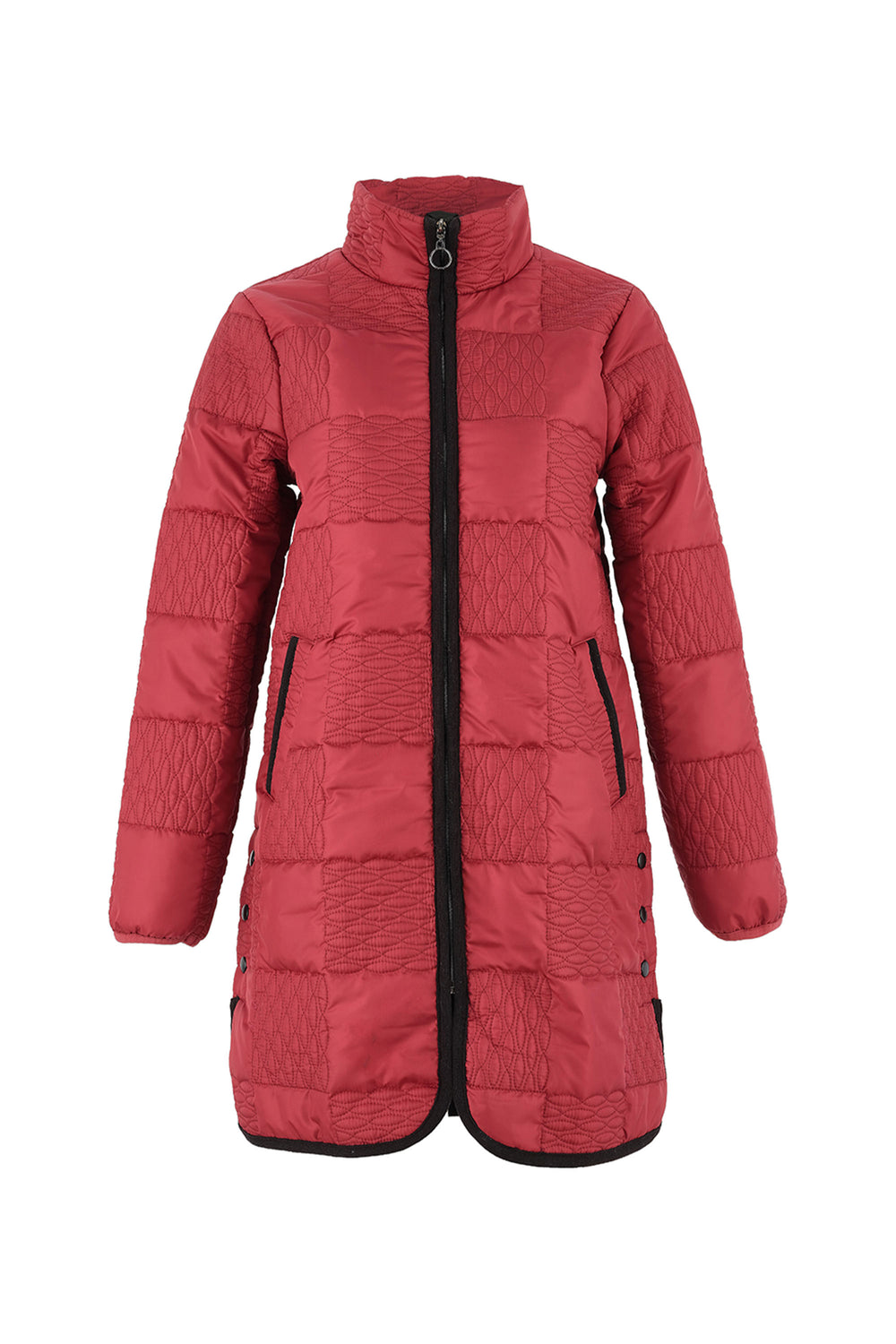 Bordeaux puffer coat with black zipper on a white background