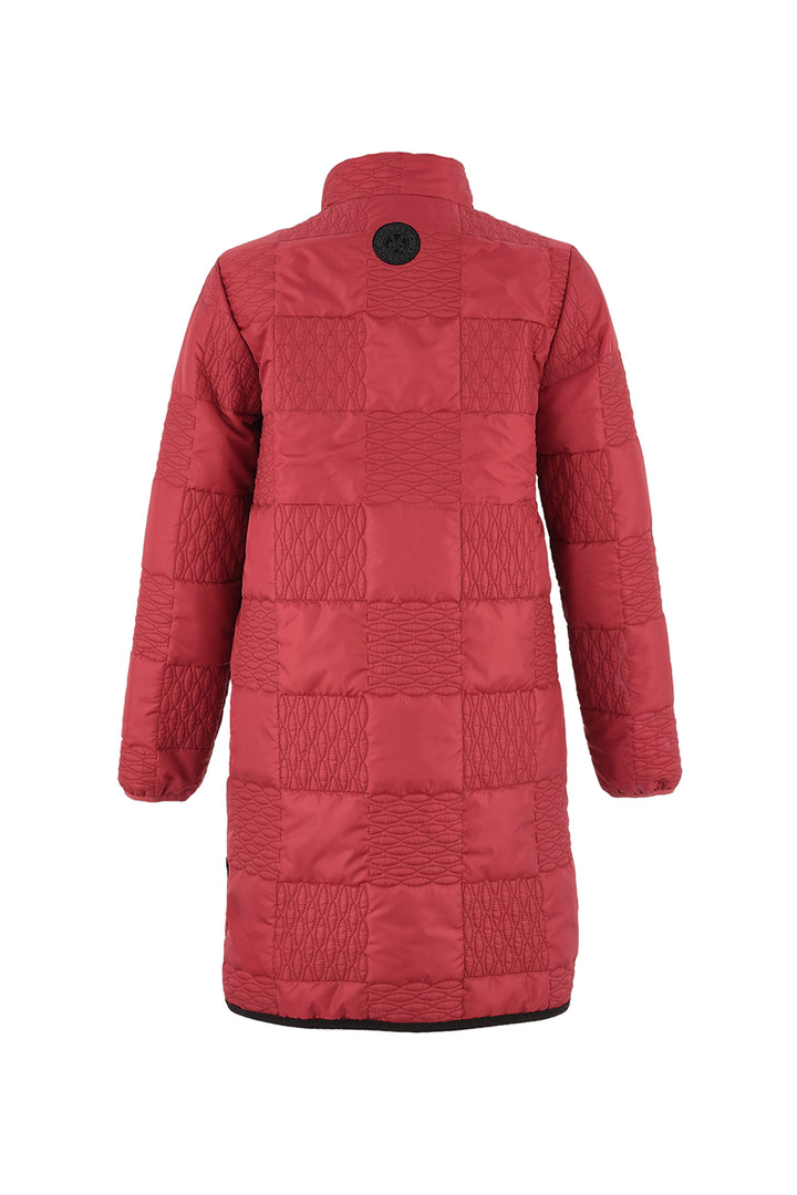 Bordeaux quilted coat on a white background