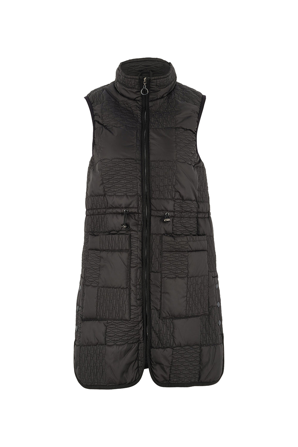 Black quilted vest on a white background