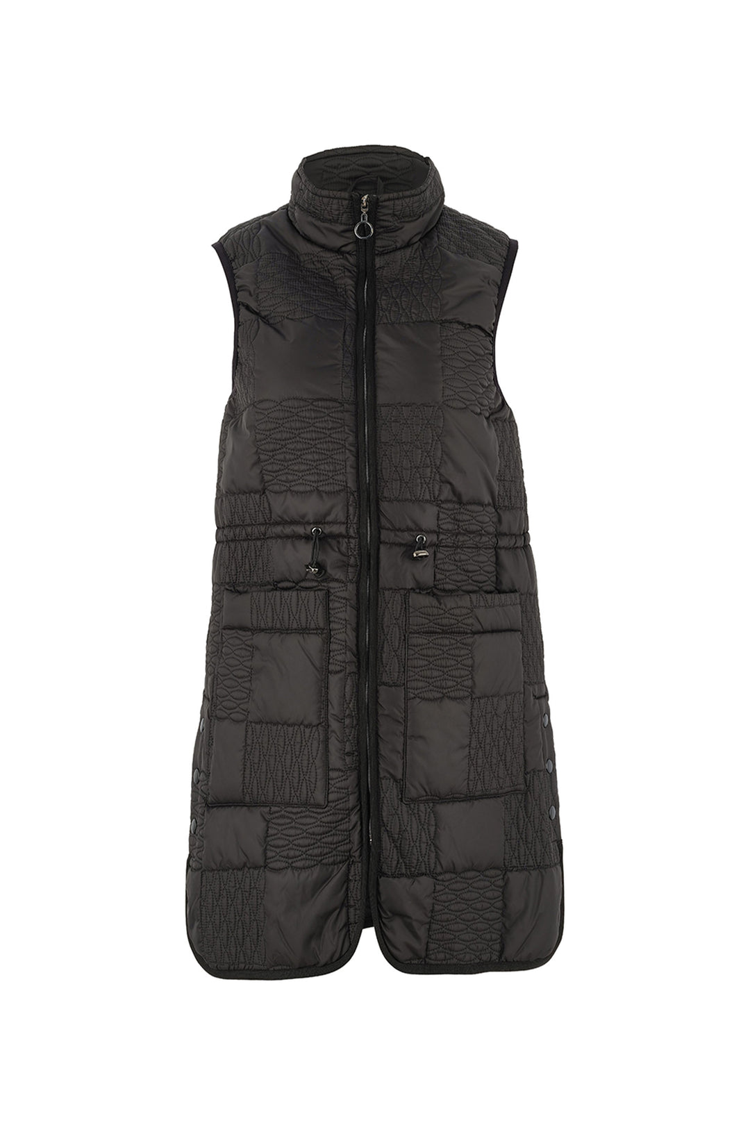 Black quilted vest on a white background