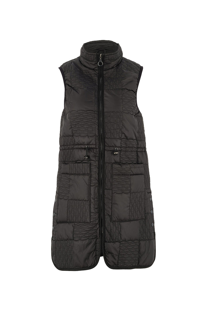 Black quilted vest on a white background