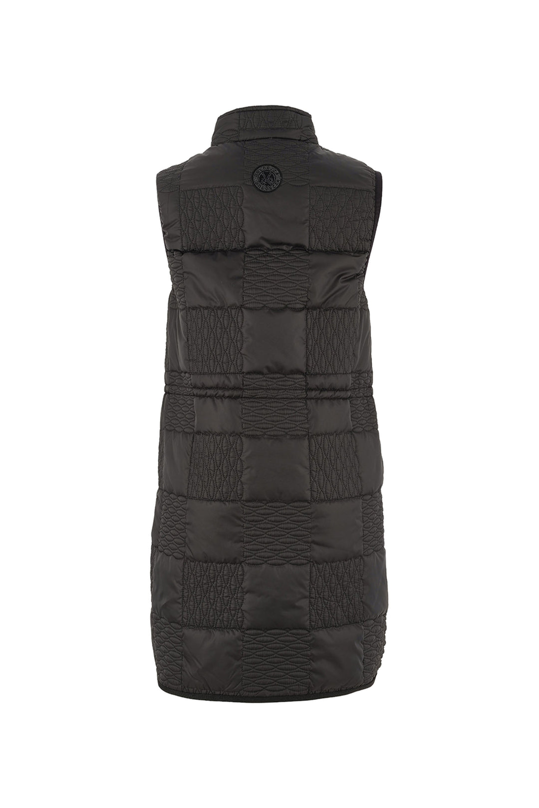 Black quilted vest on a white background