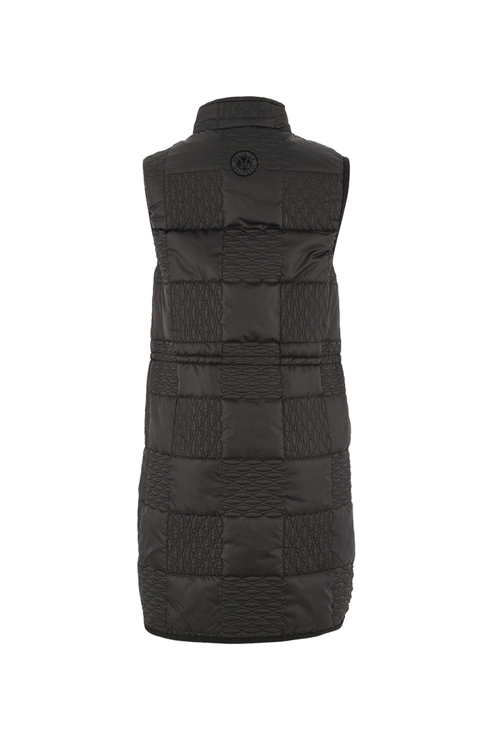 Black quilted vest on a white background