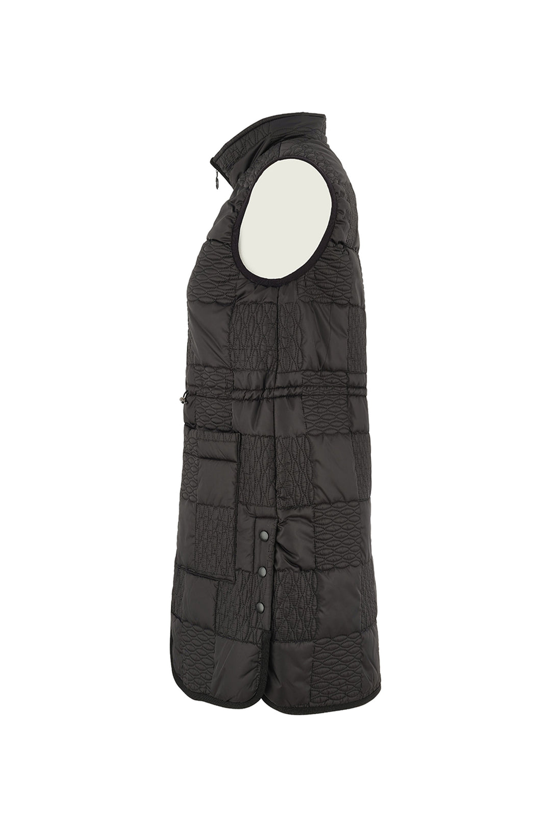 Black quilted vest with a white circle on a white background