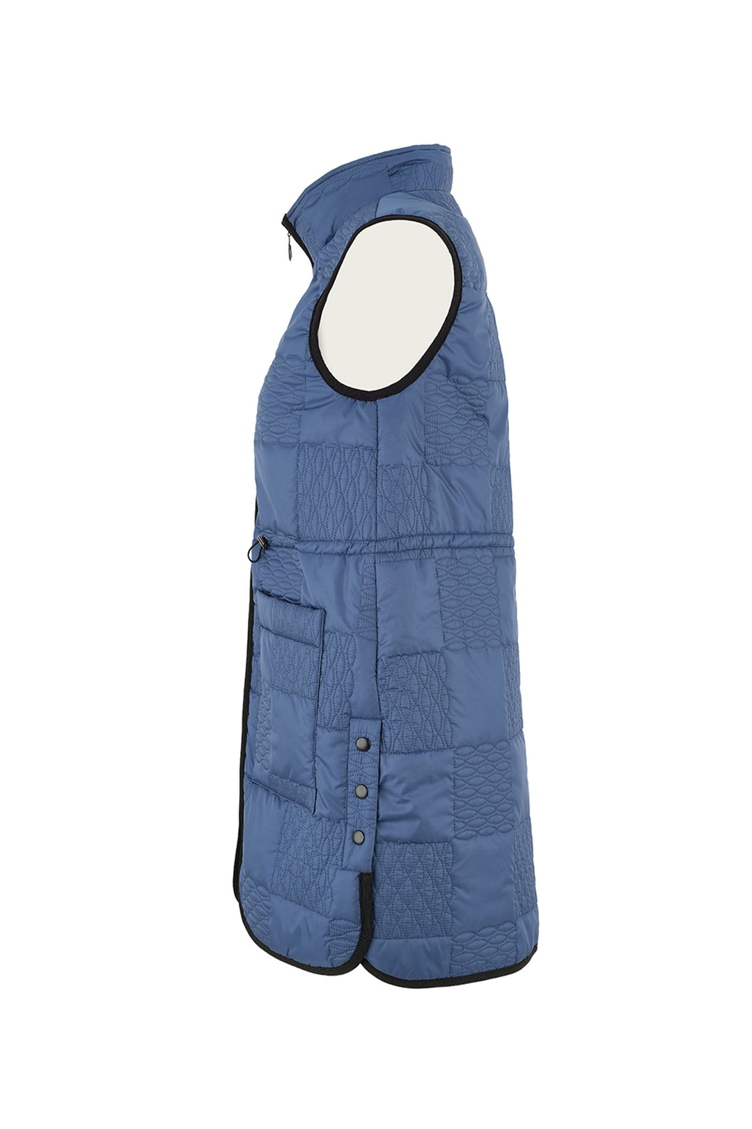 Blue quilted vest with a hood on a white background